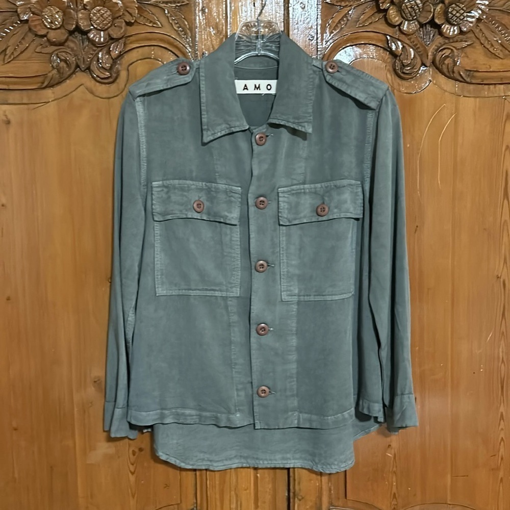 AMO Denim Ruffle Army Twist Army Green Jacket/Shirt with Layered Back Detail